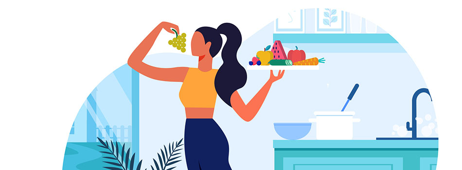 Girl with Healthy Food Flat Vector Illustration. Slim Young Woman in Kitchen Cartoon Character. Vegetarian Holding Serving Tray with Fresh Fruits and Vegetables. Healthy Lifestyle, Vegan Nutrition