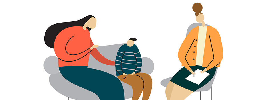 Vector cartoon illustration of mother and her child sitting on a sofa and talking with psychotherapist. Child counseling