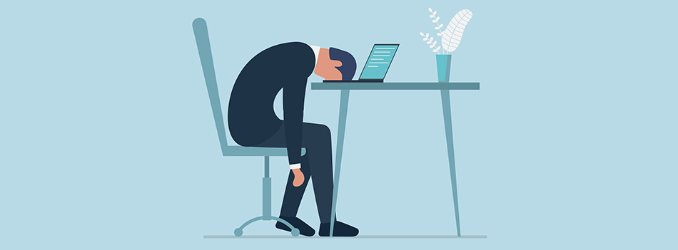 Professional burnout syndrome. Exhausted sick tired male manager in office sad boring sitting with head down on laptop. Frustrated worker mental health problems. Vector long work day eps illustration