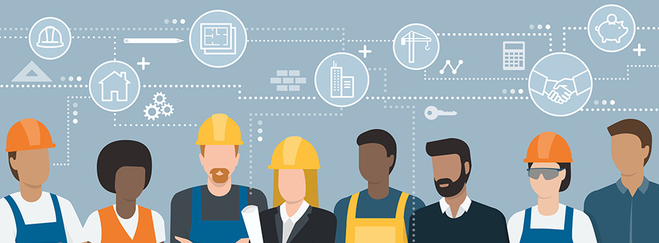 Construction workers and engineers team working together and network of concepts: architecture and real estate