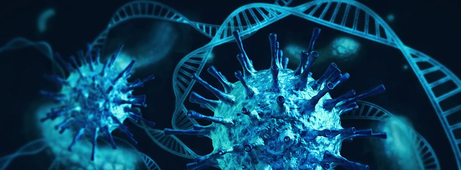 Ominous blue coronavirus cells intertwined with DNA and white blood cells on dark