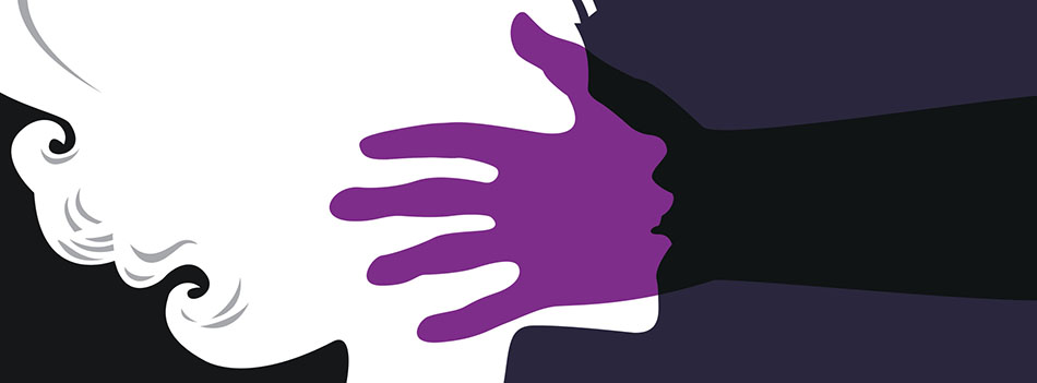 Man slapping and abusing young woman. Concept. Purple color used because it is international color symbol of violence against women.